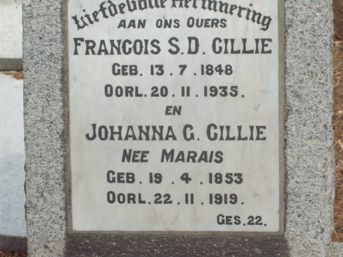 CILLIE Francois S.D. 1848-1935 &amp; Johanna G. MARAIS 1853-1919