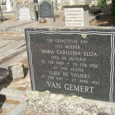 GEMERT Maria Christina Eliza, van nee DE VILLIERS 1889-1932 :: DE VILLIERS Eliza 1927-1937