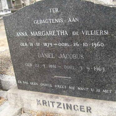 KRITZINGER Daniel Jacobus 1881-1963 &amp; Anna Margaretha DE VILLIERS 1879-1960