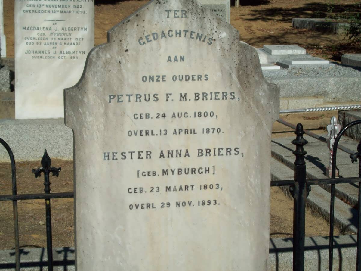 BRIERS Petrus F.M. 1800-1870 &amp; Hester Anna MYBURGH 1803-1893