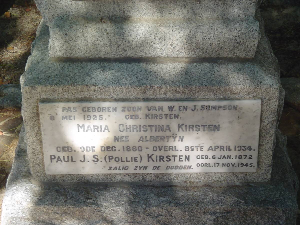 KIRSTEN Paul J.S. 1872-1945 &amp; Maria Christina ALBERTYN 1880-1934 :: SAMPSON Baby -1925