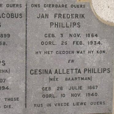 PHILLIPS Jan Frederik 1864-1934 &amp; Gesina Alletta BAARTMAN 1896-1940