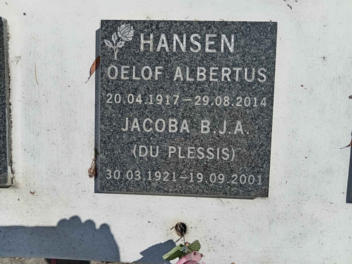 HANSEN Oelof Albertus 1917-2014 &amp; Jacoba B.J.A. DU PLESSIS 1921-2001