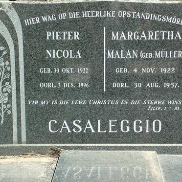 CASSALEGIO Pieter Nicola 1922-1996 &amp; Margaretha Malan MÜLLER 1922-1957