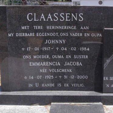 CLAASSENS Johnny 1917-1984 &amp; Emmarencia Jacoba  VOLSCHENK 1925-2000