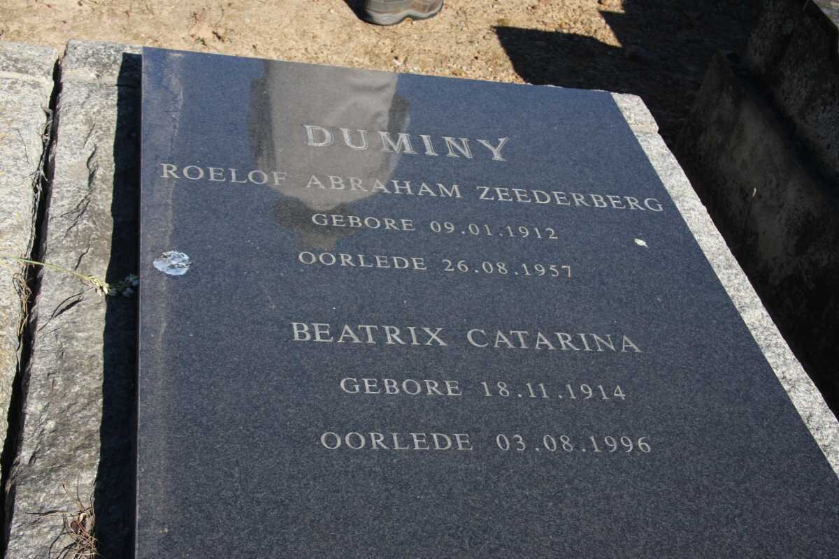 DUMINY Roelof Abraham Zeederberg 1912-1957 &amp; Beatrix Catarina 1914-1996