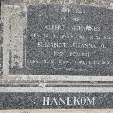 HANEKOM Albert Johannes 1870-1946 &amp; Elizabeth Johanna G. BURGER 1869-1949