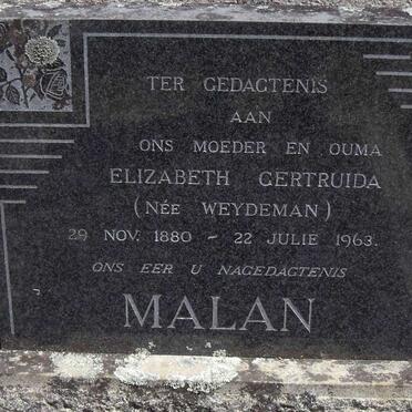 MALAN Elizabeth Gertruida nee WEYDEMAN 1880-1963