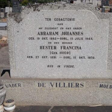 VILLIERS Abraham Johannes, de 1892-1945 &amp; Hester Francina HUGO 1891-1972