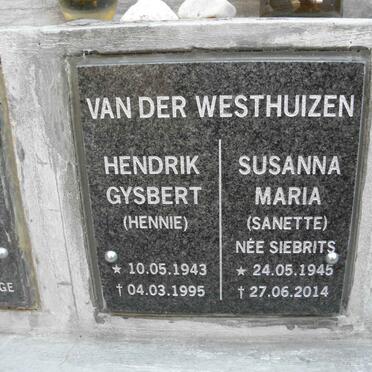 WESTHUIZEN Hendrik Gysbert, van der 1943-1995 &amp; Susanna Maria SIEBRITS 1945-2014