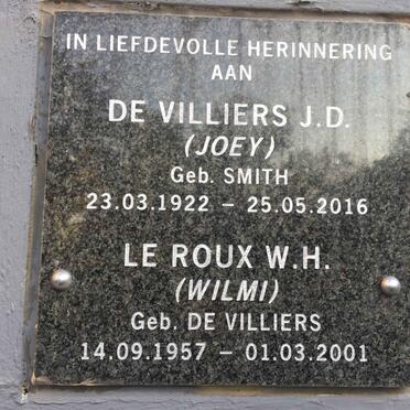 VILLIERS J.D., de nee SMITH 1922-2016 :: LE ROUX W.H. nee DE VILLIERS 1957-2001