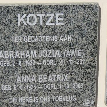 KOTZE Abraham Jozia 1922-2011 &amp; Anna Beatrix 1925-2008