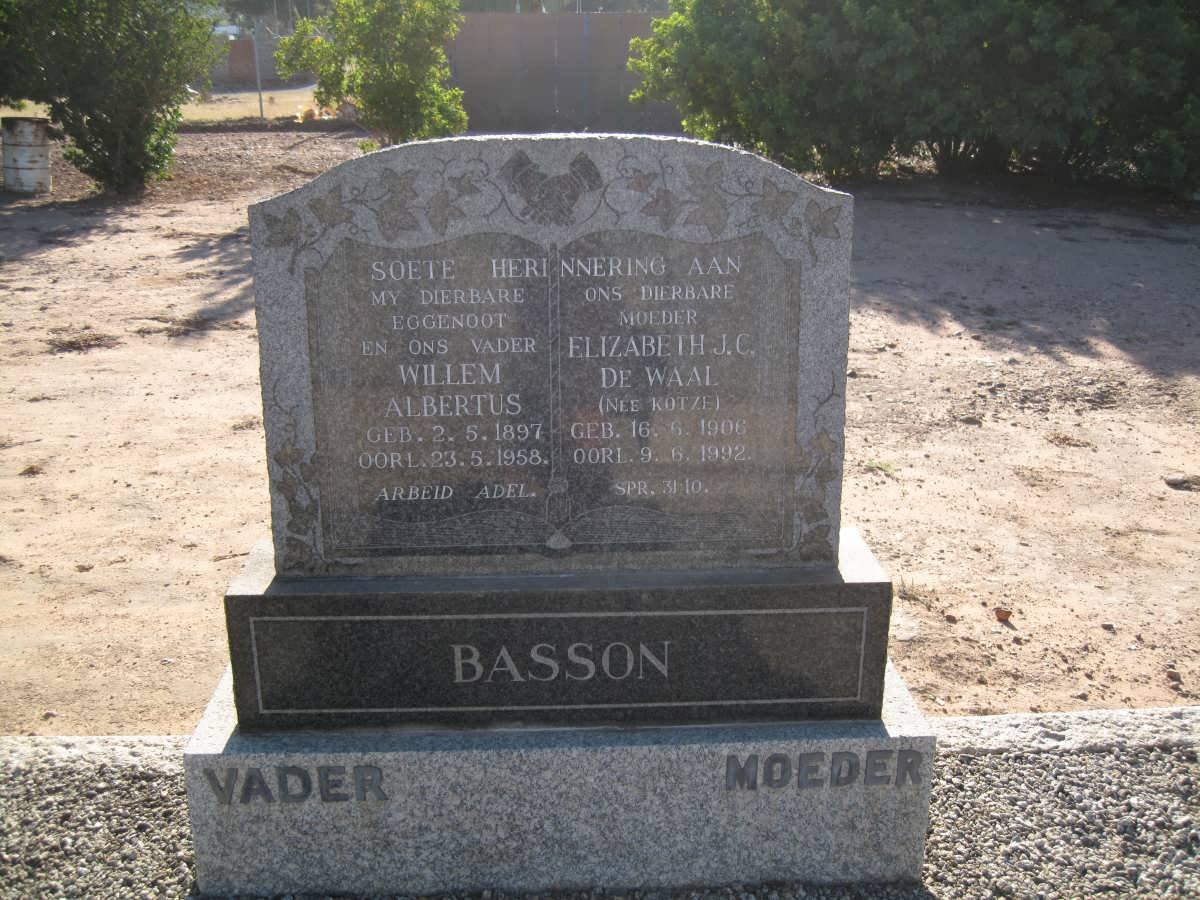 BASSON Willem Albertus 1897-1958 &amp; Elizabeth J.C. DE WAAL nee KOTZE 1906-1992