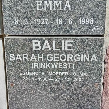 BALIE Sarah Georgina nee RINKWEST 1930-2002