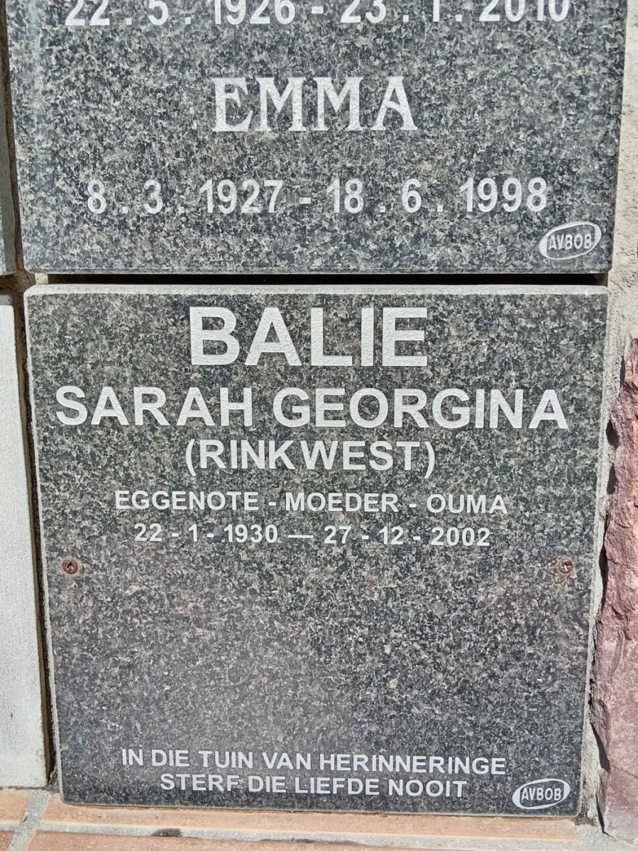 BALIE Sarah Georgina nee RINKWEST 1930-2002