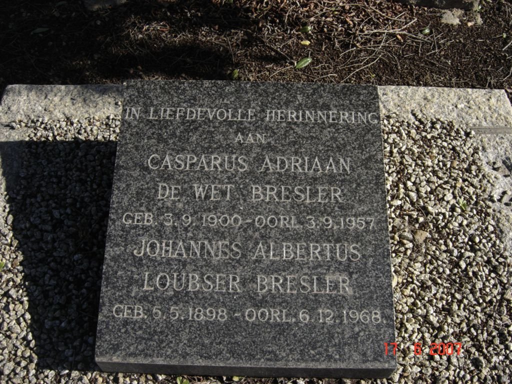 BRESLER Casparus Adriaan de Wet 1900-1957 :: BRESLER Johannes Albertus Loubsher 1898-1968