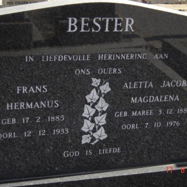 BESTER Frans Hermanus 1885-1933 &amp; Aletta Jacoba Magdalena MAREE 1883-1976