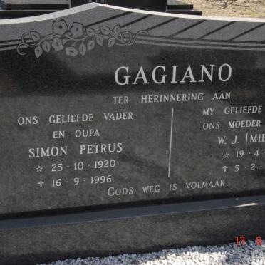 GAGIANO Simon Petrus 1920-1996 &amp; W.J. 1925-1992