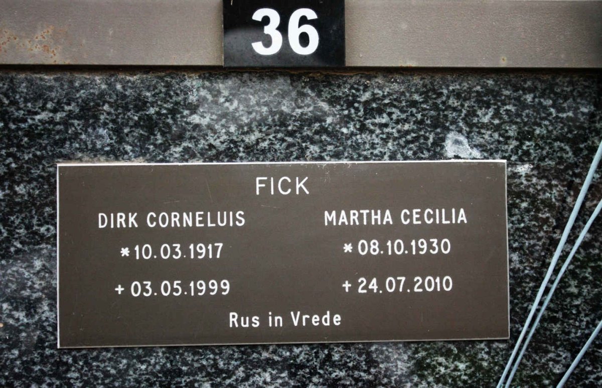 FICK Dirk Corneluis 1917-1999 &amp; Martha Cecilia 1930-2010