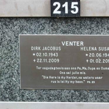 VENTER Dirk Jacobus 1943-2009 &amp; Helena Susanna 1945-2016