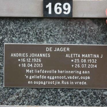 JAGER Andries Johannes, de 1926-2013 &amp; Aletta Martina J. 1932-2014