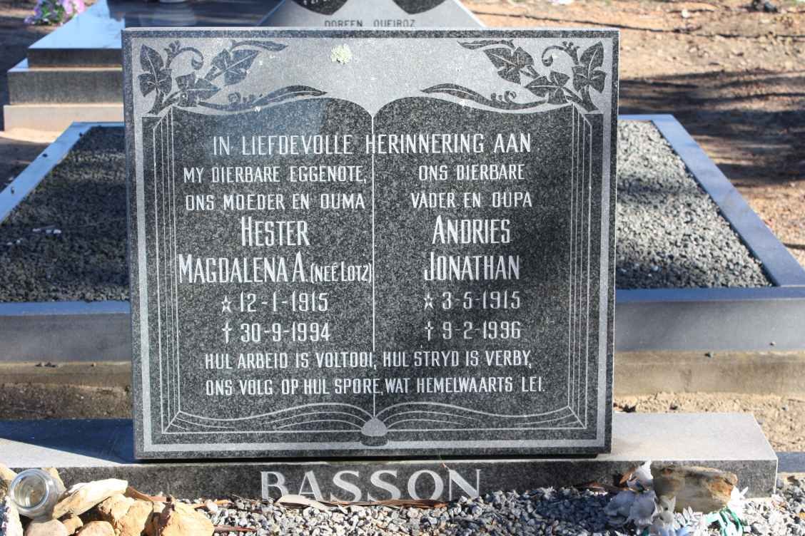 BASSON Andries Jonathan 1915-1996 &amp; Hester Magdalena LOTZ 1915-1994