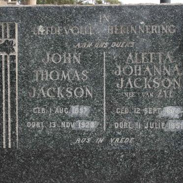 JACKSON John Thomas 1857-1926 &amp; Aletta Johanna VAN ZYL 1864-1951