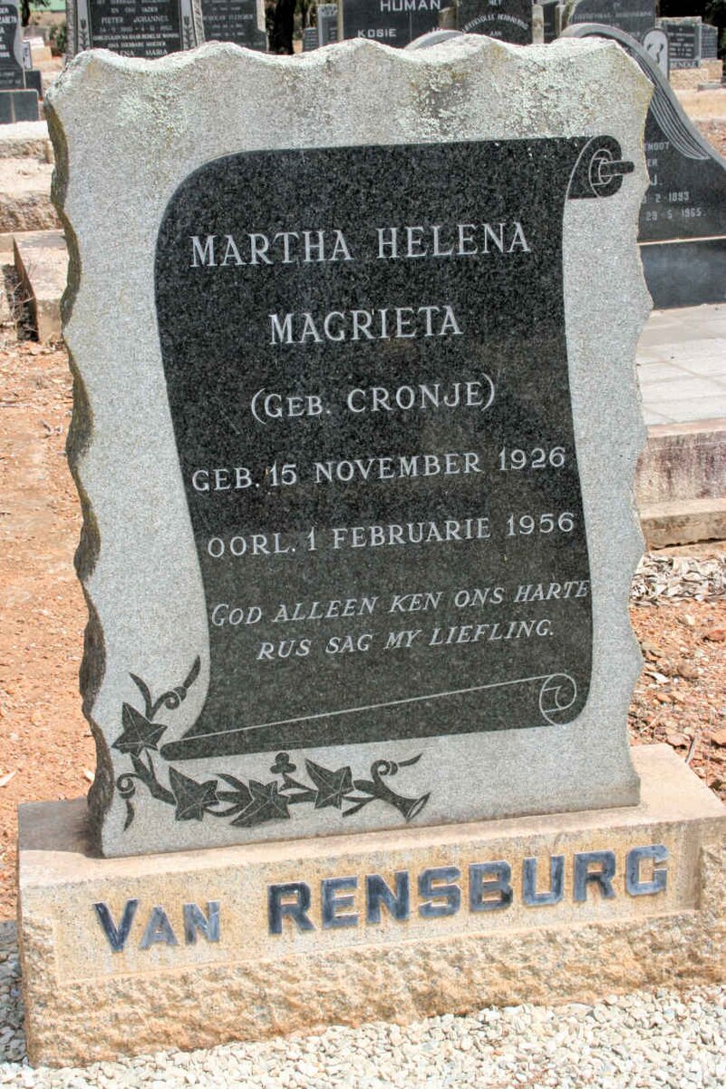 RENSBURG Martha Helena Magrieta, van neé CRONJE 1926-1957