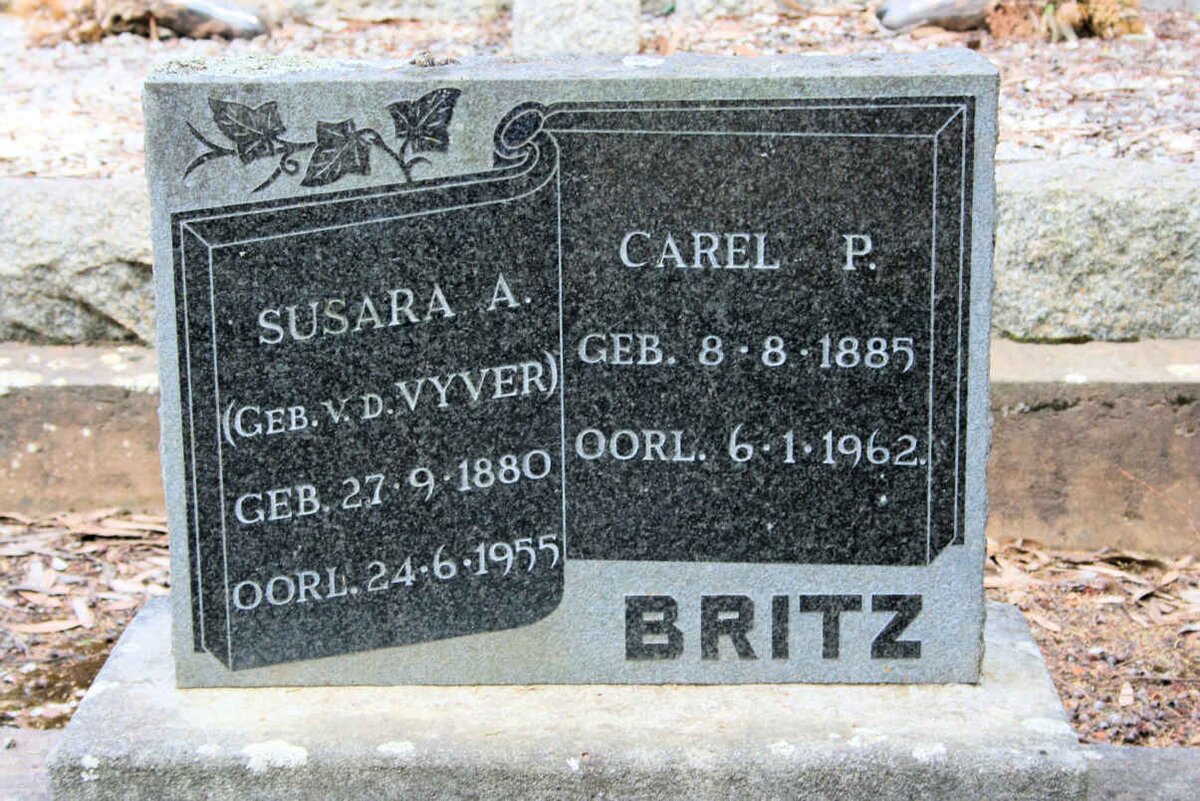 BRITZ Carel P. 1885-1962 &amp; Susara A. VAN DER VYVER 1880-1955