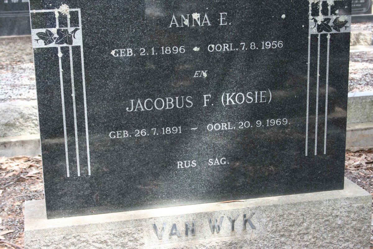 WYK Jacobus F., van 1891-1969 &amp; Anna E. 1896-1956
