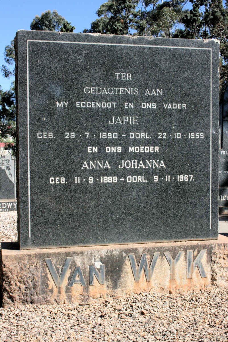 WYK Japie, van 1890-1959 &amp; Anna Johanna 1888-1967