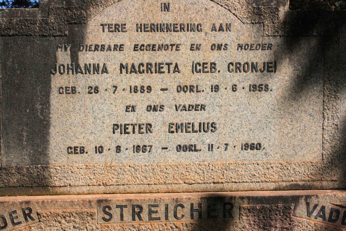 STREICHER Pieter Emelius 1887-1980 &amp; Johanna Magrieta CRONJE 1889-1958