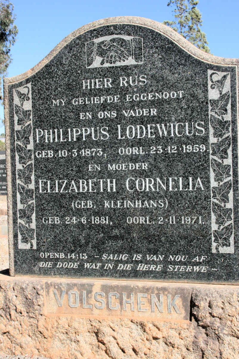 VOLSCHENK Philippus Lodewicus 1873-1959 &amp; Elizabeth Cornelia KLEINHANS 1881-1971