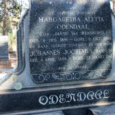ODENDAAL Johannes Jochemus 1889-1961 &amp; Margaretha Aletta JANSE VAN RENSBURG 1891-1958