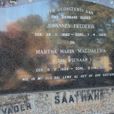SAAYMAN Johannes Frederik 1880-1969 &amp; Martha Maria Magdalena PIENAAR 1886-1970