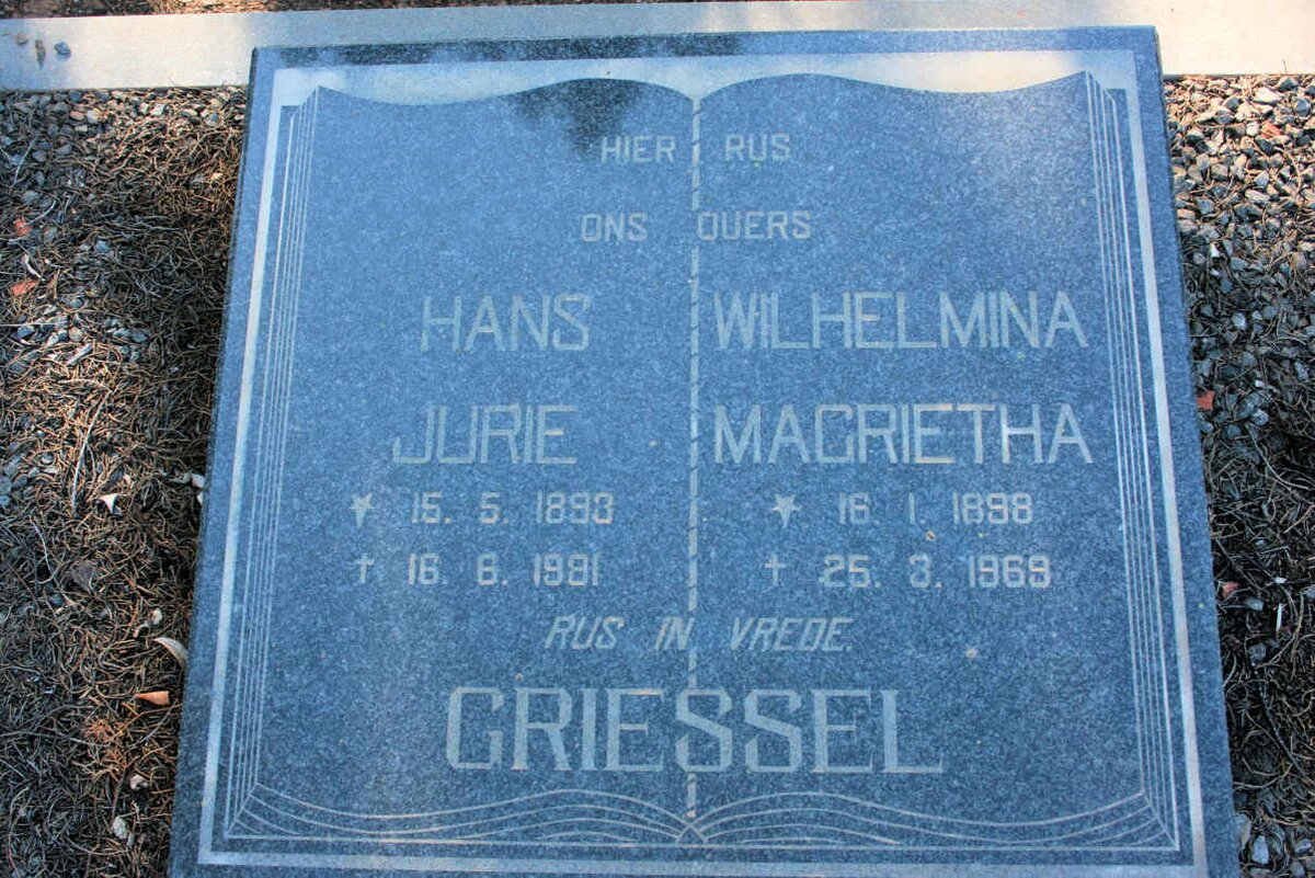 GRIESSEL Hans Jurie 1898-1981 &amp; Wilhelmina Magrietha 1898-1969