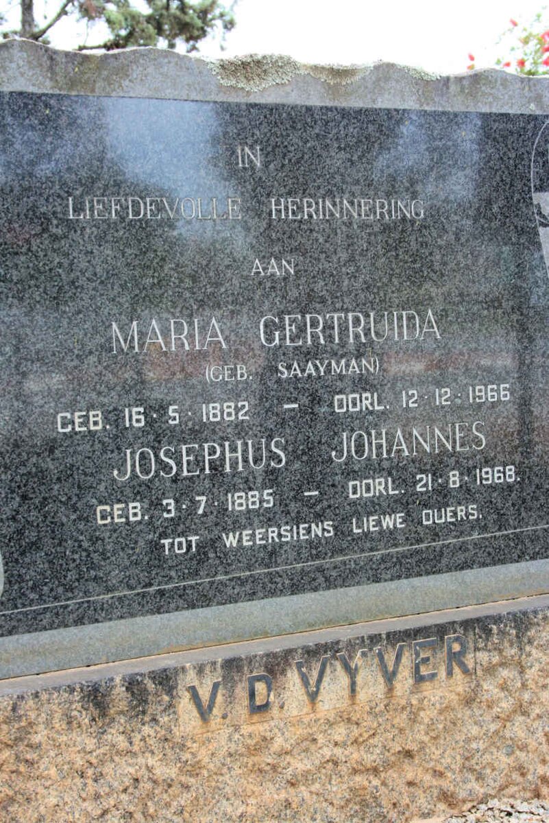 VYVER Josephus Johannes, van der 1885-1968 &amp; Maria Gertruida SAAYMAN 1882-1966