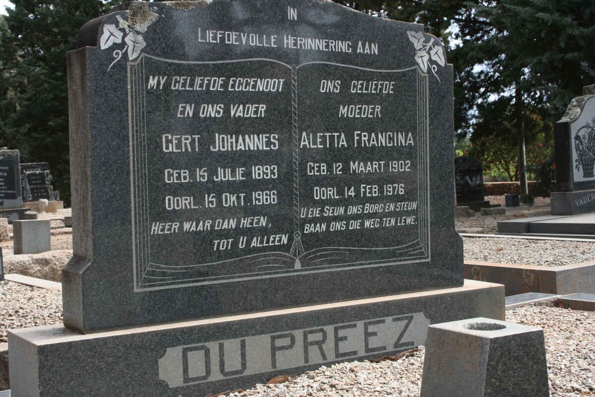 PREEZ Gert Johannes, du 1893-1966 &amp; Aletta Francina 1902-1976