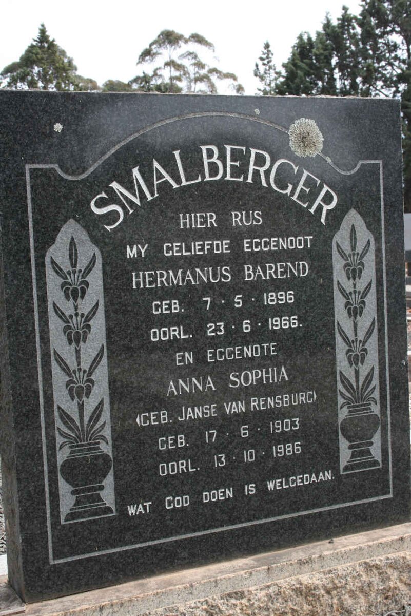 SMALBERGER Hermanus Barend 1896-1966 &amp; Anna Sophia JANSE VAN RENSBURG 1903-1986