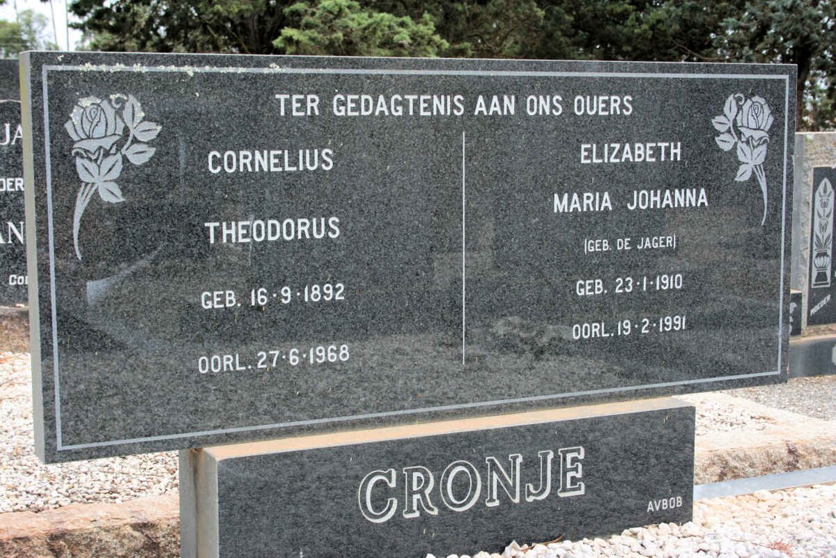 CRONJE Cornelius Theodorus 1892-1968 &amp; Elizabeth Maria Johanna DE JAGER 1910-1991