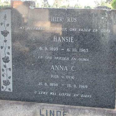 LINDE Hansie 1893-1963 &amp; Anna C VAN DYK 1898-1969