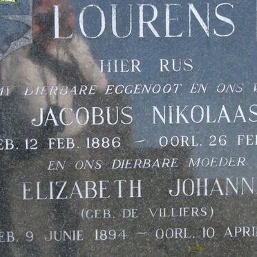 LOURENS Jacobus Nikolaas 1886-1959 &amp; Elizabeth Johanna DE VILLIERS 1894-1980