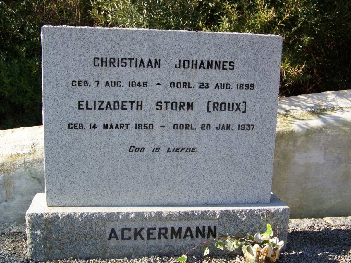 ACKERMANN Christiaan Johannes 1846-1899 &amp; Elizabeth Storm ROUX 1850-1937