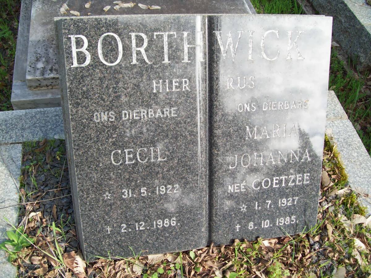 BORTHWICK Cecil 1922-1986 &amp; Maria Johanna COETZEE 1927-1985