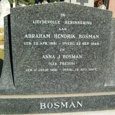 BOSMAN Abraham Hendrik 1881-1949 &amp; Anna J. PREISS 1881-1967