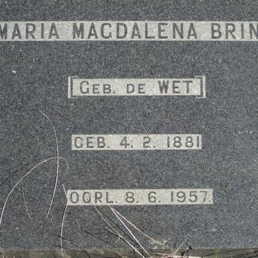 BRINK Maria Magdalena nee DE WET 1881-1957
