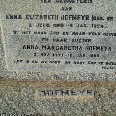 HOFMEYR Anna Elizabeth nee DE VOS 1869-1954 :: HOFMEYR Anna Margaretha 1899-1995