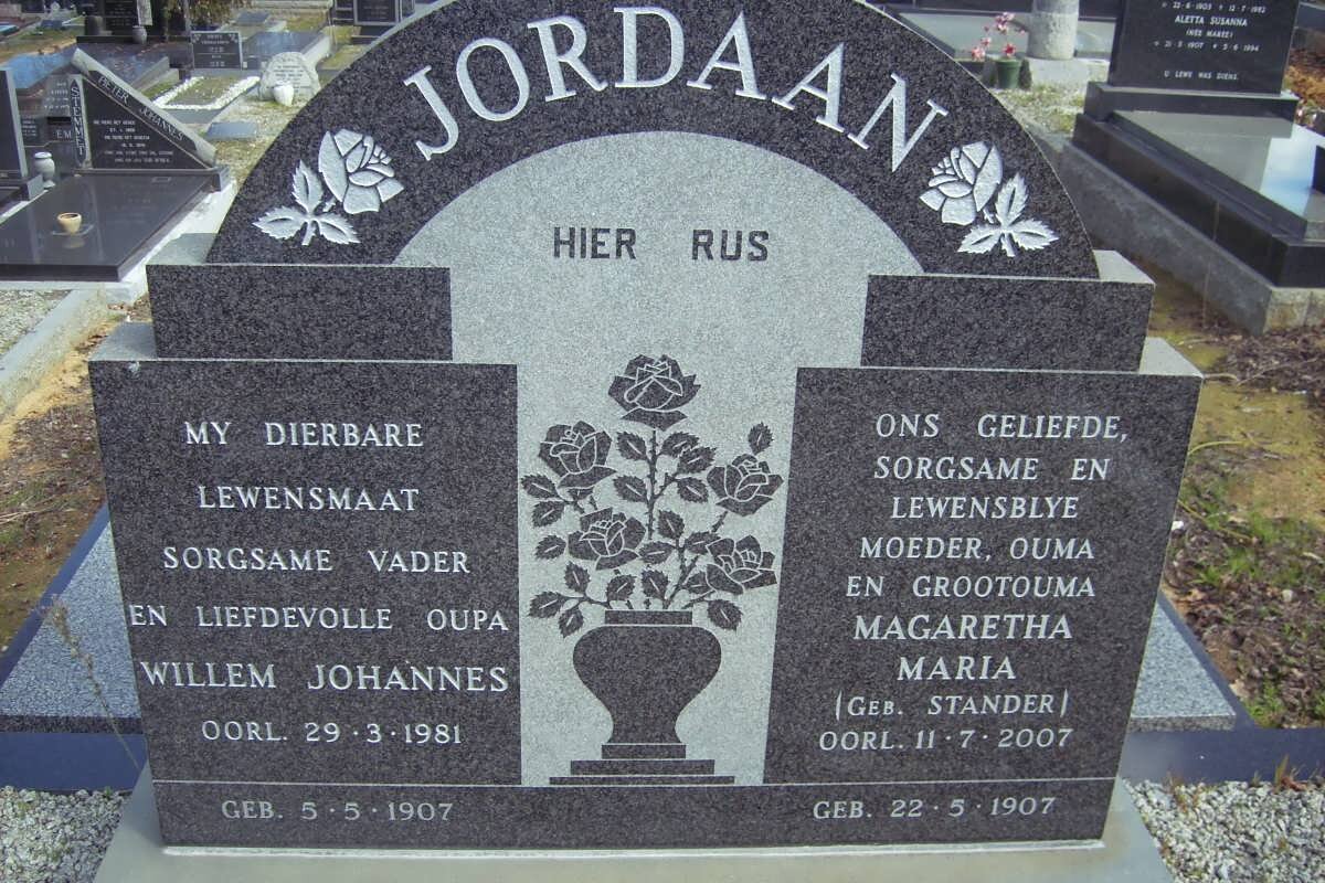 JORDAAN Willem Johannes 1907-1981 &amp; Magaretha Maria STANDER 1907-2007