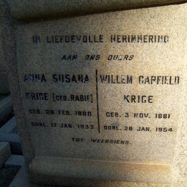KRIGE Willem Garfield 1881-1954 &amp; Anna Susanna RABIE 1880-1933