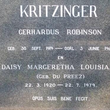 KRITZINGER Gerhardus Robinson 1919-1967 &amp; Daisy Margeretha Louisianna DU PREEZ 1920-1979
